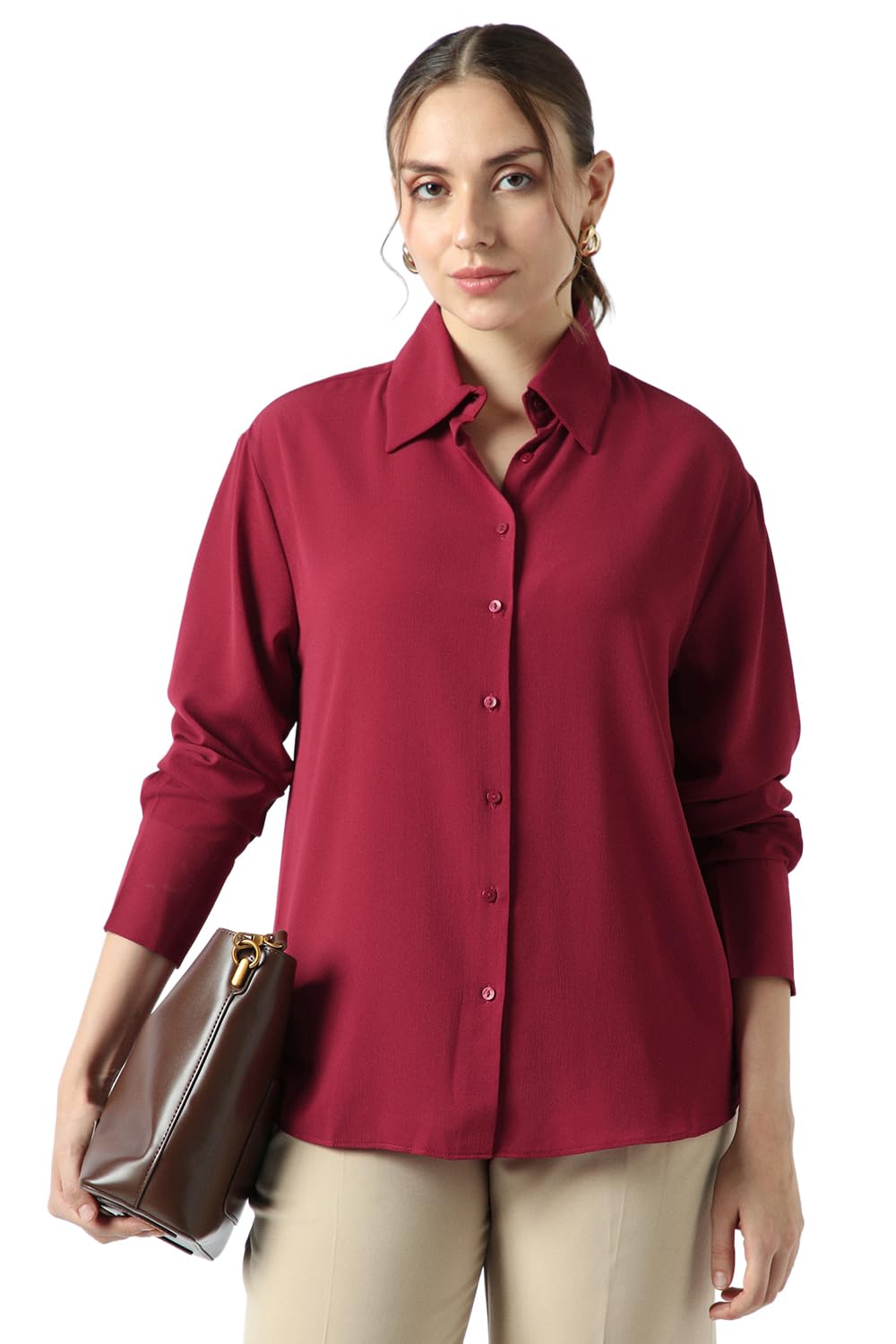 Women Red Solid Long Sleeves Casual Shirt