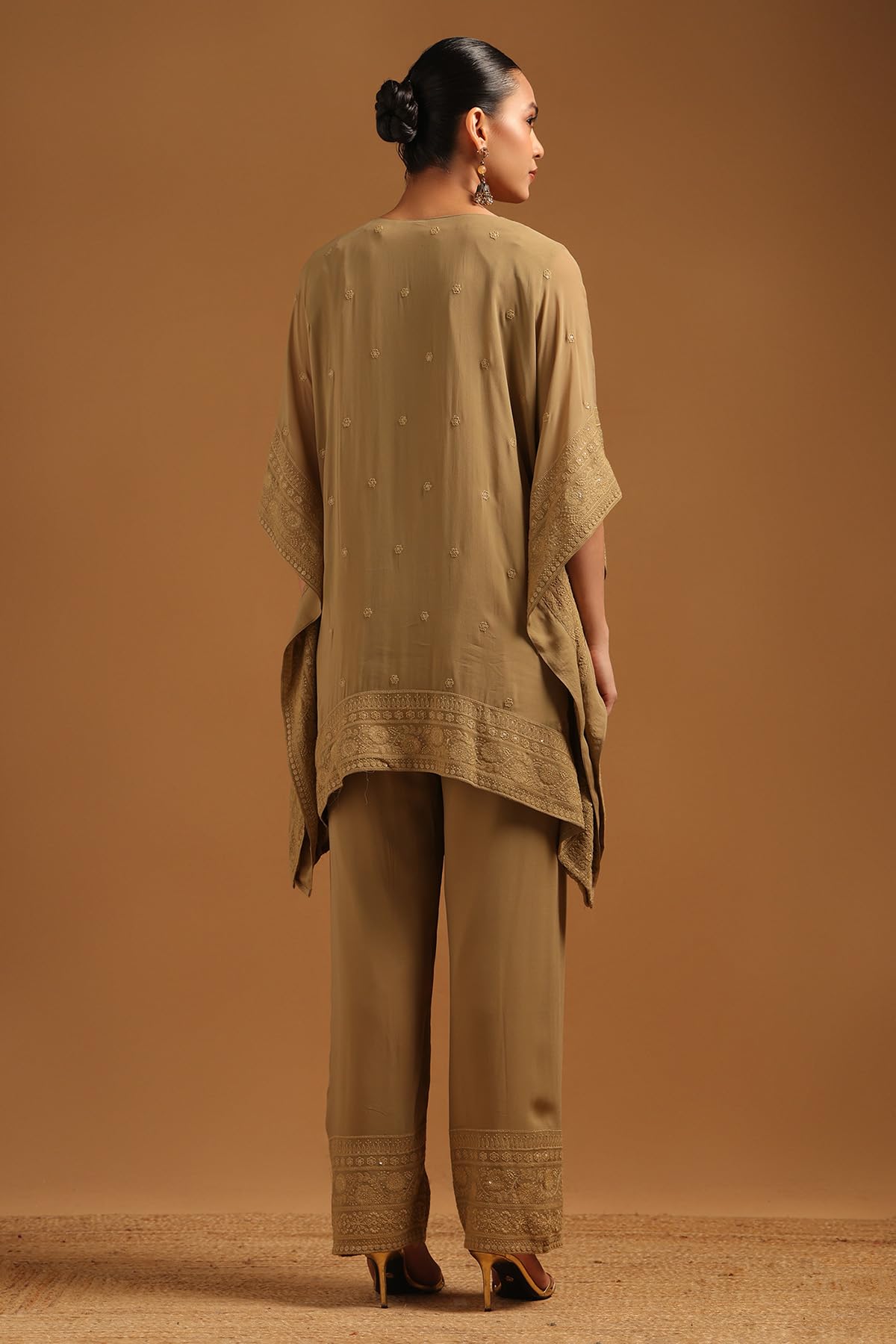 Soch Womens Olive Georgette Floral Kaftan Suit With Machine Embroidery and Tassel Details