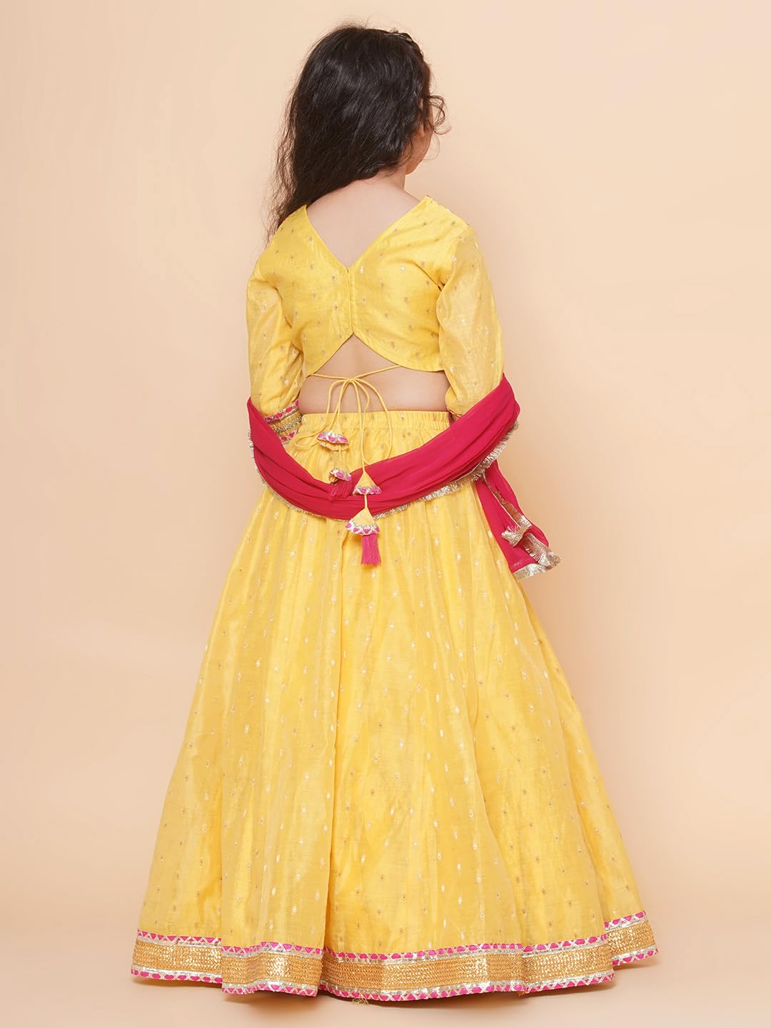 Bitiya by Bhama Girls Yellow Jacquard booti Lehenga Choli Ready to Wear with Pink Dupatta