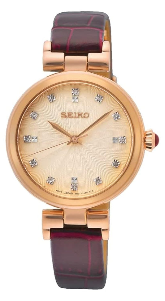 Seiko Leather Analogue Rose Gold Dial Women Watch-Srz548P1, Bandcolor-Brown