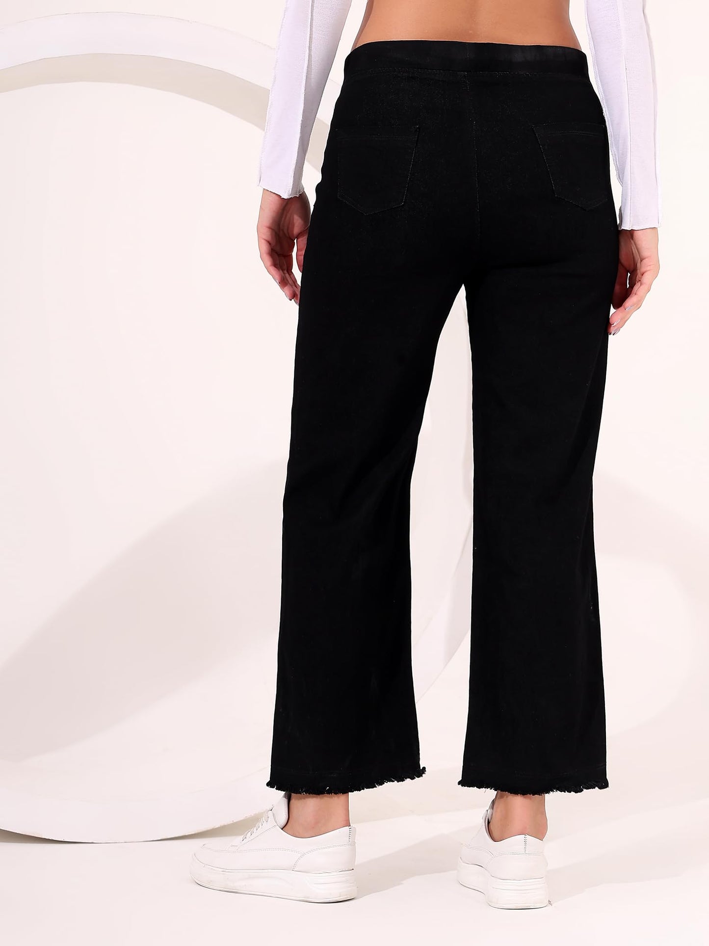 HIGHTEN Women’s Black Wide Leg Elastic Waist Jeans | High Rise Loose Fit Stretch Denim Pants Without Belt Loops