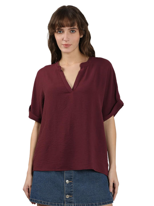 VERO MODA Women's Polyester Regular Fit Maroon Top
