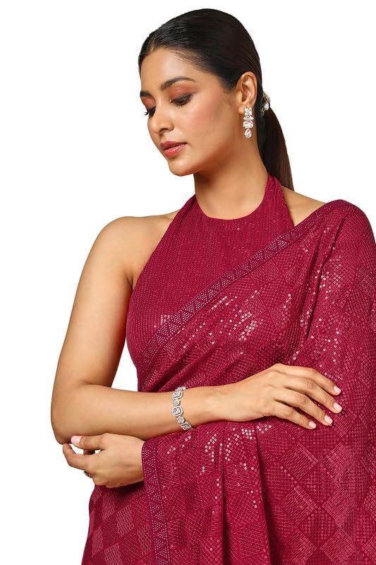 Soch Womens Fuchsia Georgette Embellished Saree With Sequins