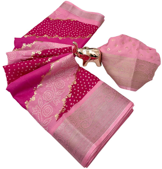TUSHANA Kalamkari Floral Prints Dola Silk Saree With Rich Zari Border Designer Pallu Attach Blouse Piece (Pink)
