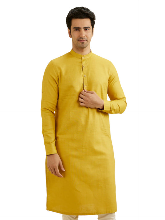 Manyavar Men's Cotton Solid Kurta (Mustard,XXL)