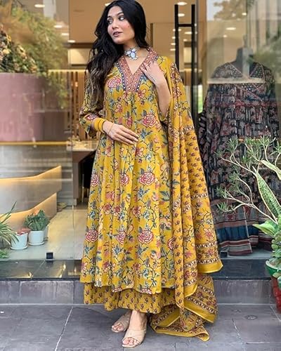 Avayayat Women's Rayon Anarkali Printed Kurta Set with Pant and Dupatta, A-Line Design, 3/4 Sleeves, Comfortable Ethnic Wear for Festive, Casual, Office & Wedding Occasions Yellow (Yellow, XL)