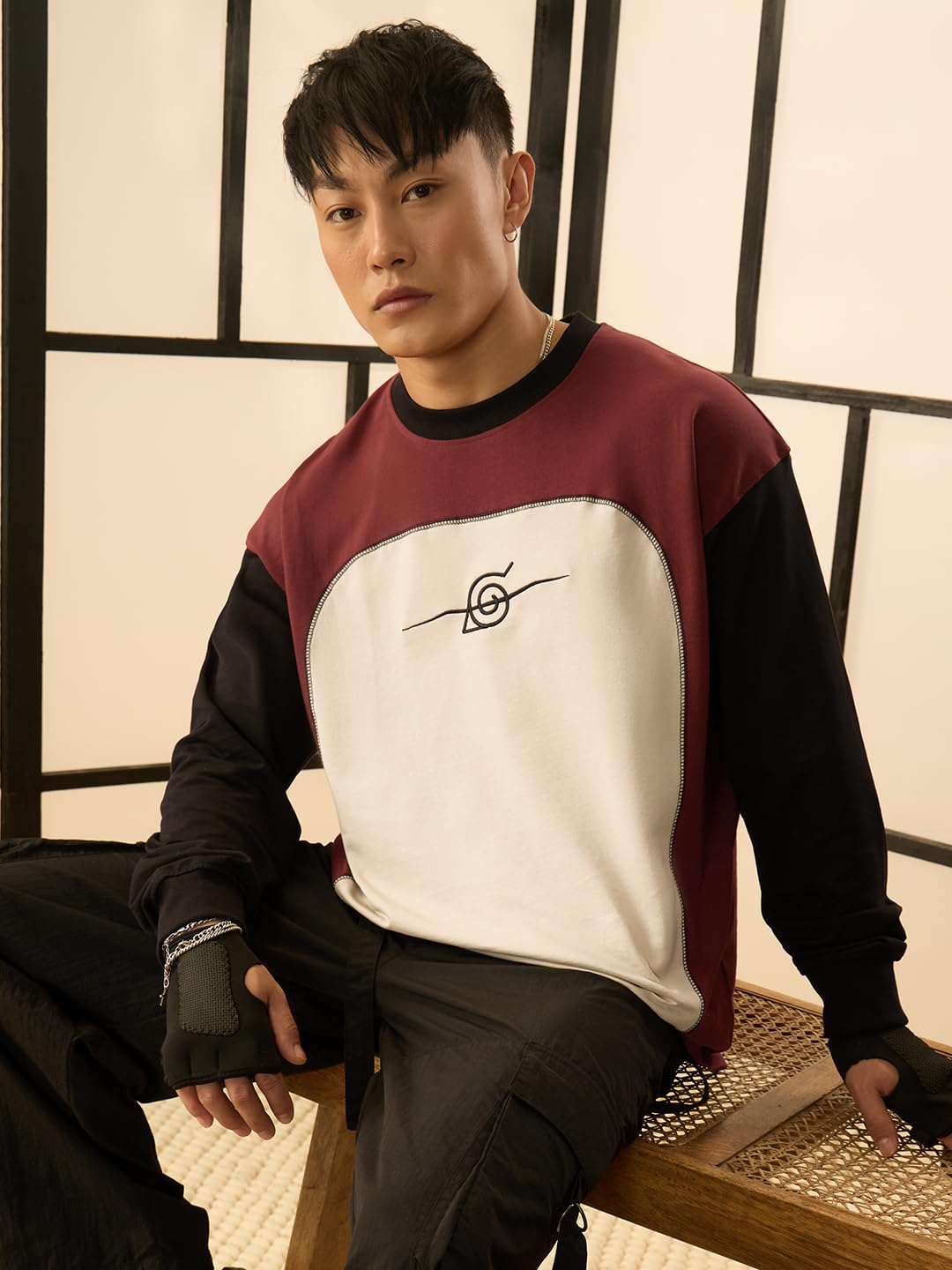 The Souled Store Naruto Shippuden: Konoha Leaf Rogue Men and Boys Round Neck Brown Colour Block Cotton Oversized Full Sleeve T-Shirts