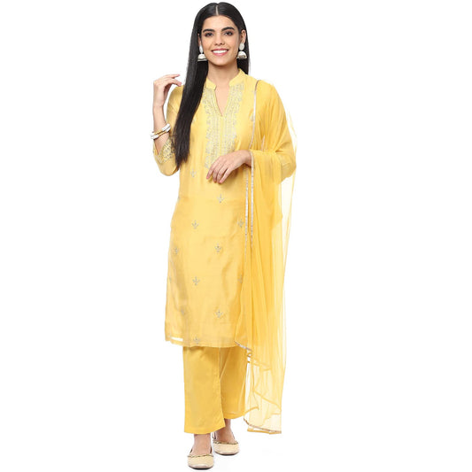 BIBA WOMEN EMBROIDERY SALWAR KURTA DUPATTA(SKDASSORTED8491_YELLOW_46)
