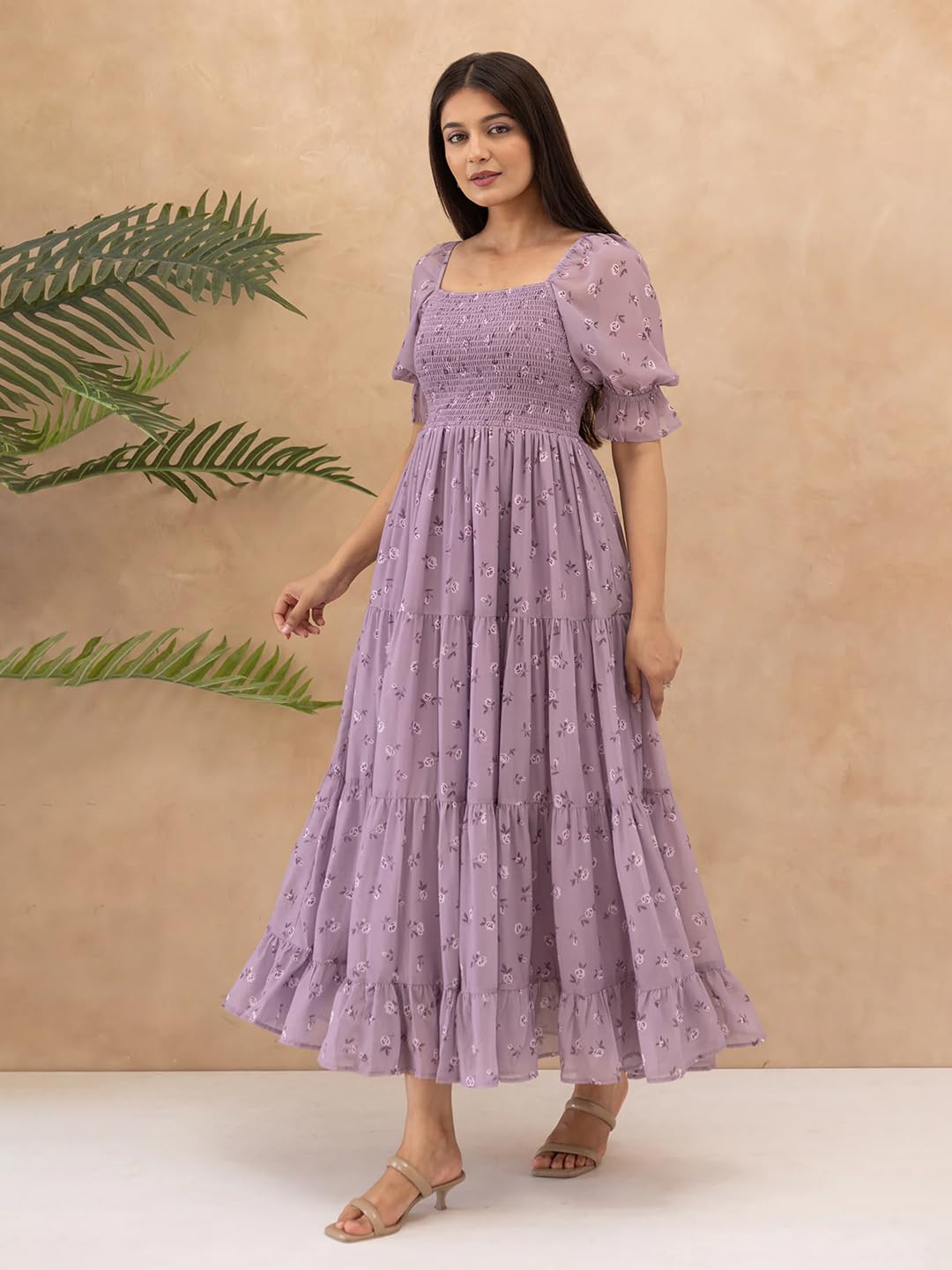 KZULLY | Dress for Women | Midi Length | Flared Hem | Puff Sleeve | Square Neck | Smocked Bodice