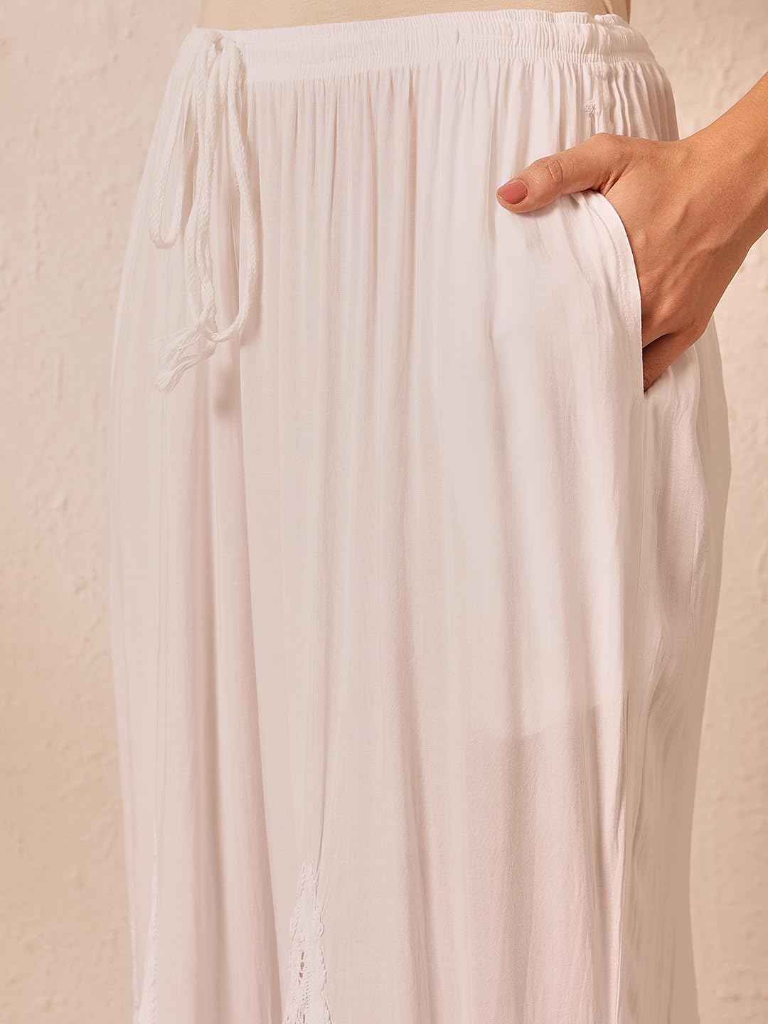 Ada Lucknowi Chikankari Hand Embroidered Modal Flared Palazzo for Women A711199 White