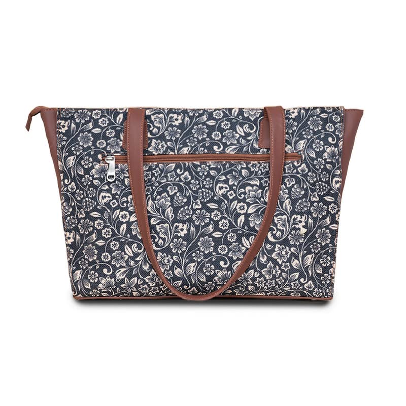 ZOUK FloMotif Floral Printed Jute Handcrafted Vegan Leather Women's Black Structured Tote Bag Contemporary