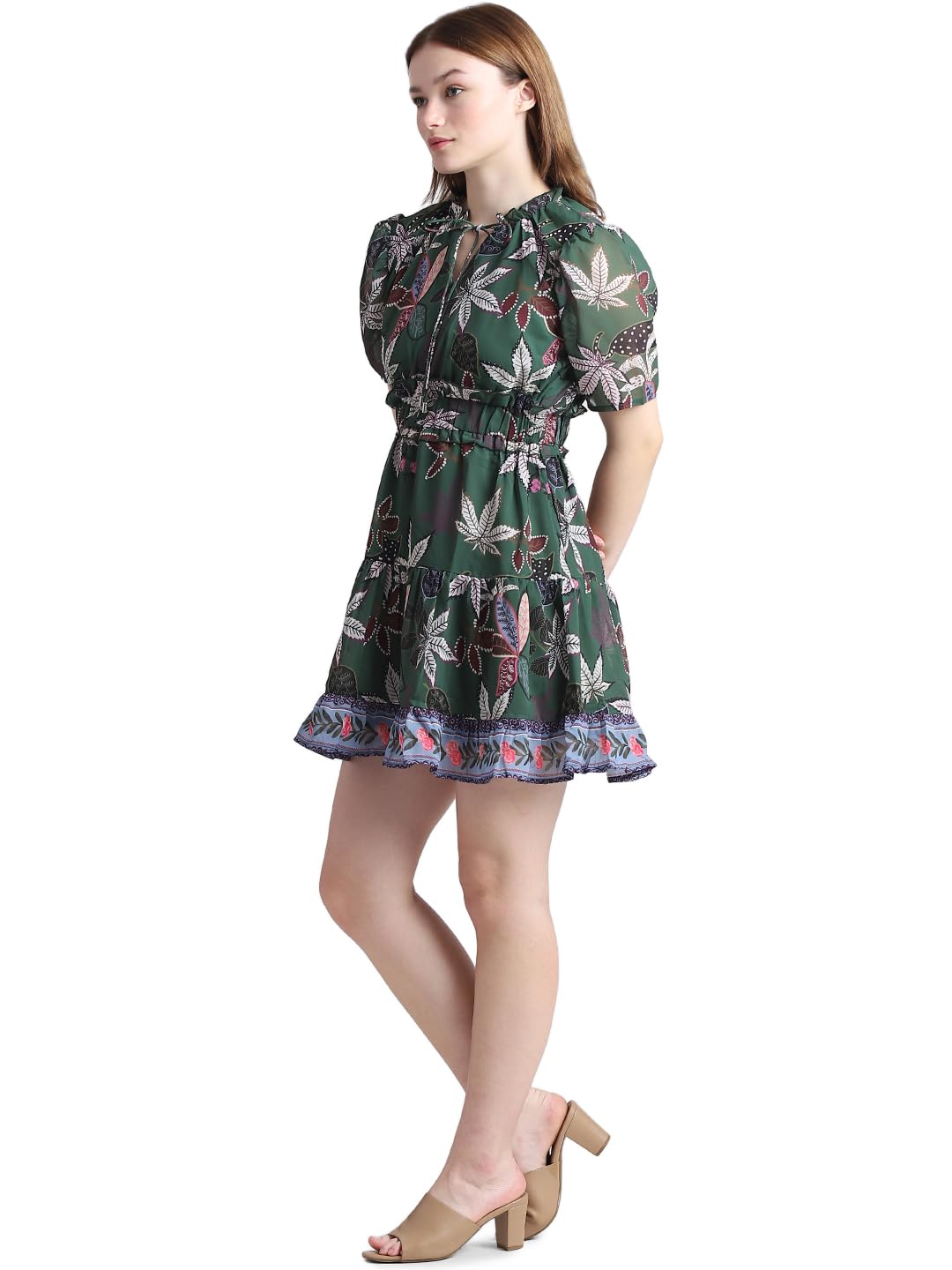 ONLY Women's Polyester Empire Waist Above The Knee Dress (15322942-Greener Pastures_Greener