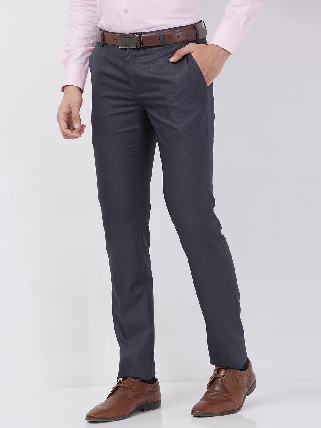 Raymond Men’s Formal Slim Fit Trousers, Structured Pattern Weave, Flat Front Office Wear | Dark Grey