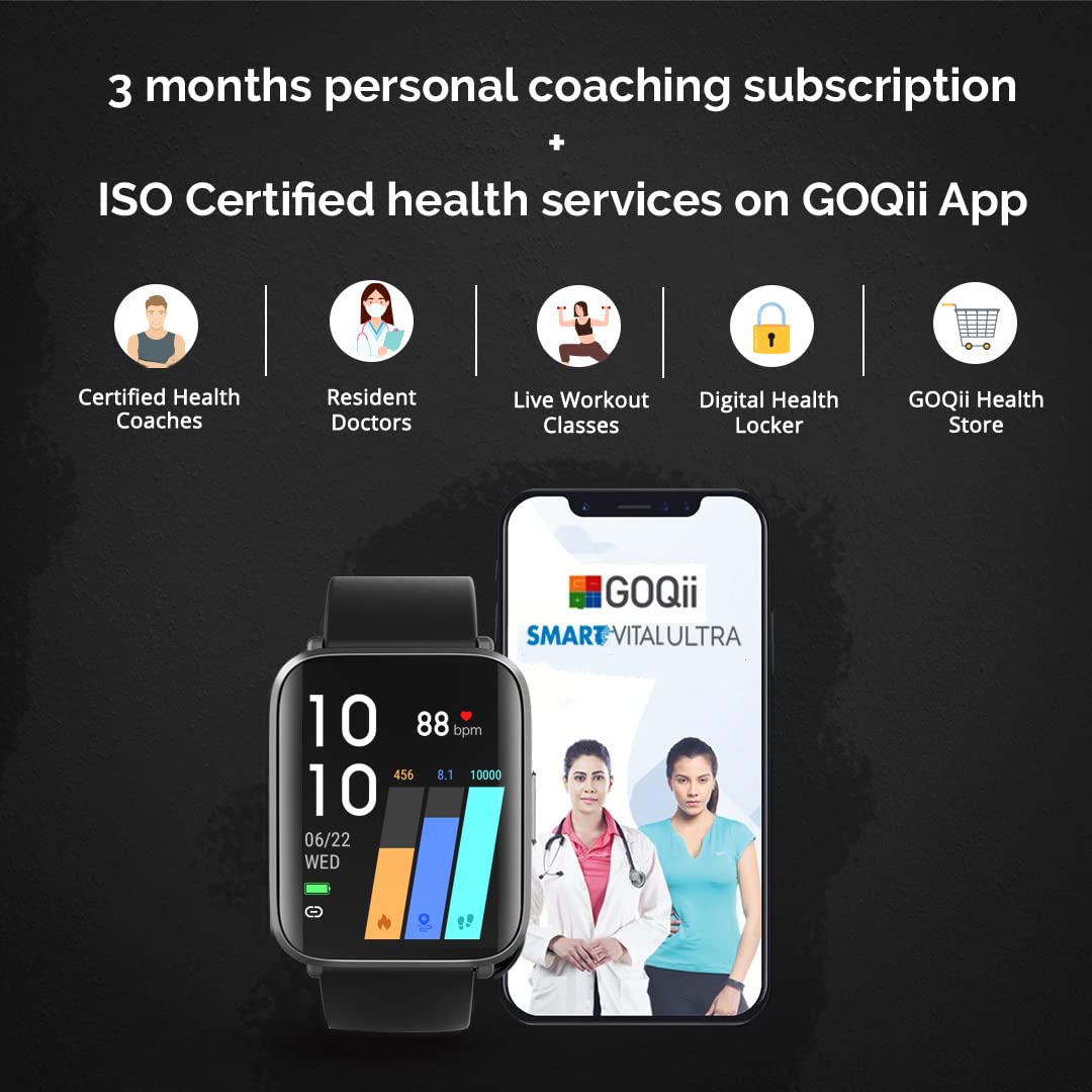 GOQii Smart Vital Ultra Smartwatch Jet Black 1.78'' AMOLED 368x448 & 2.5D Cureved Display with 10 Days Battery SPO2 & Real-Time Heart Rate Tracking, IPX68 Waterproof with 3 Months Personal Coaching