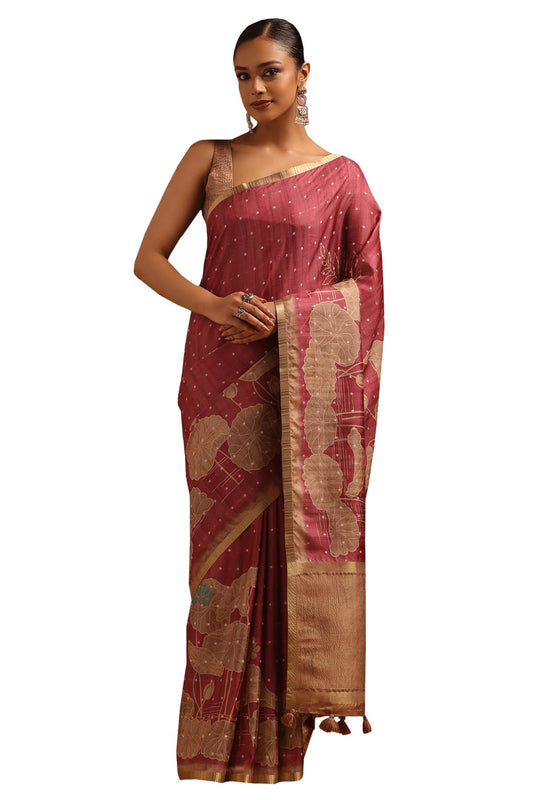 Soch Womens Onion Pink Tussar Botanical Saree