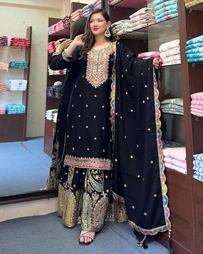 Brulry Women's Black Color Chinon Silk Round Neck Knee Length straight Kurta With Sarara With Dupatta
