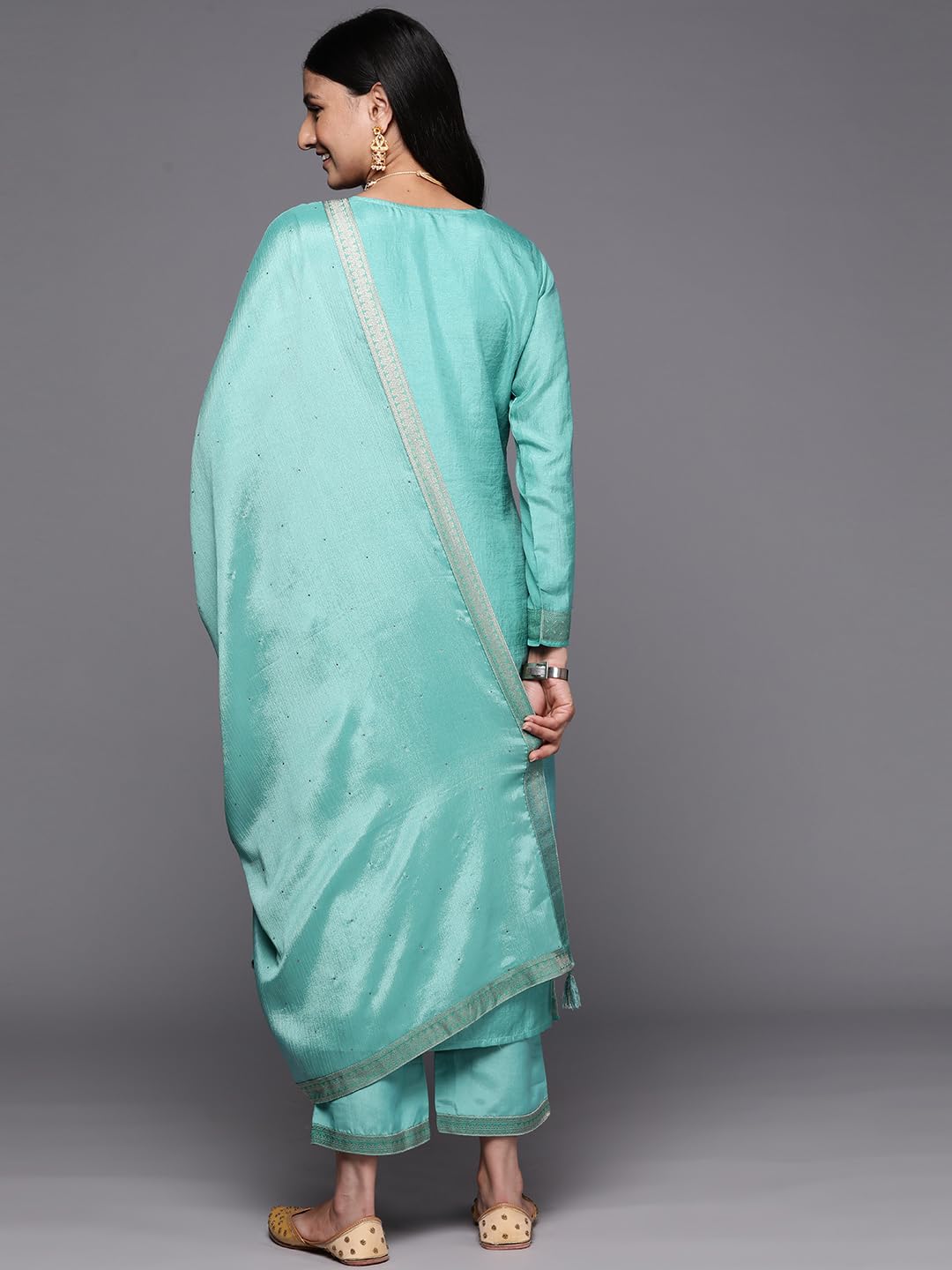 Libas Womens Self Design Silk Blend Pakistani Kurta With Trousers and Dupatta