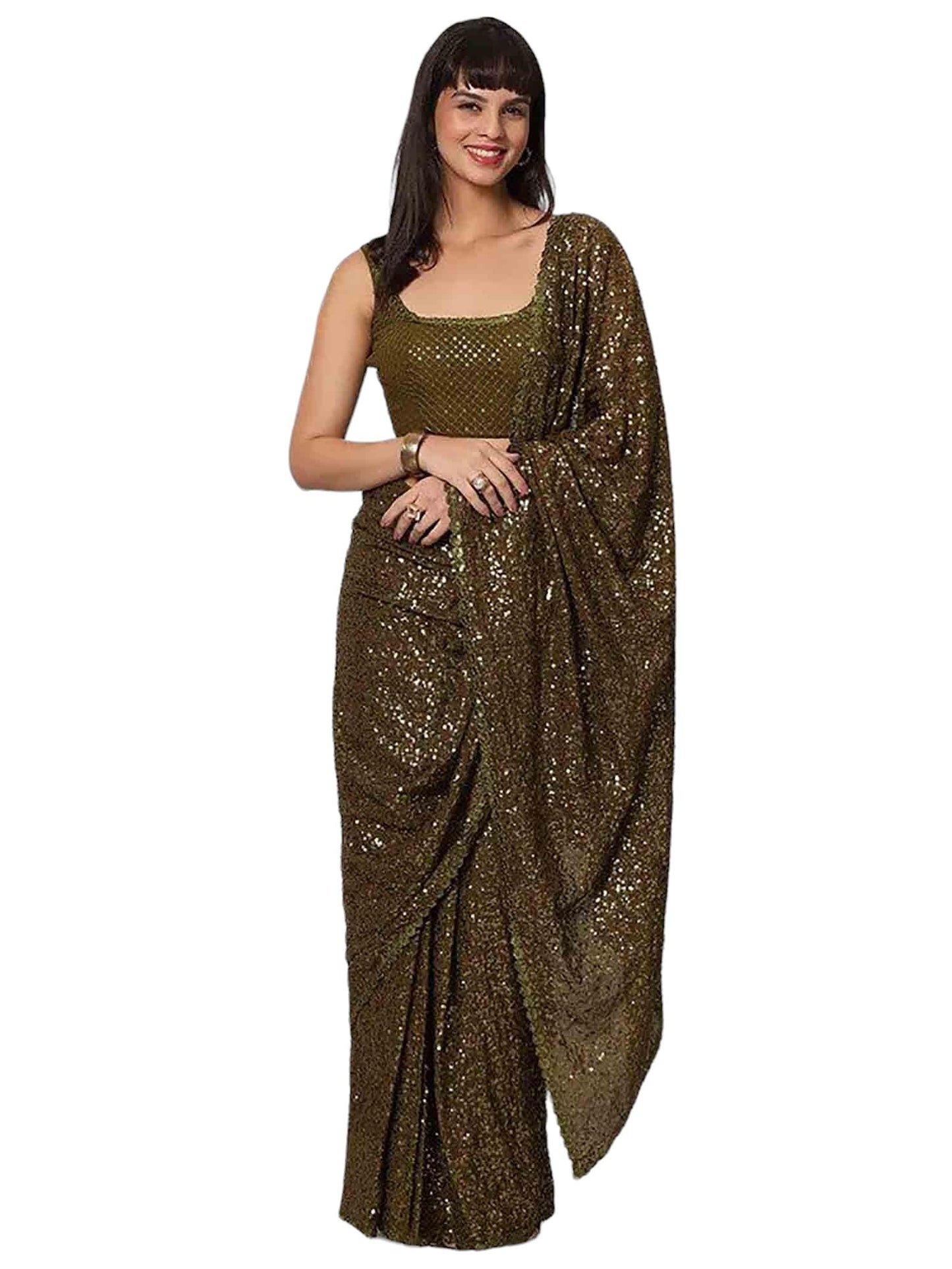 Zeel Clothing Women's Mehandi Green Sequins Work Heavy Georgette Saree with Blouse (1004-Olive-Green-Sequins-Party-Saree-New, Olive Green)