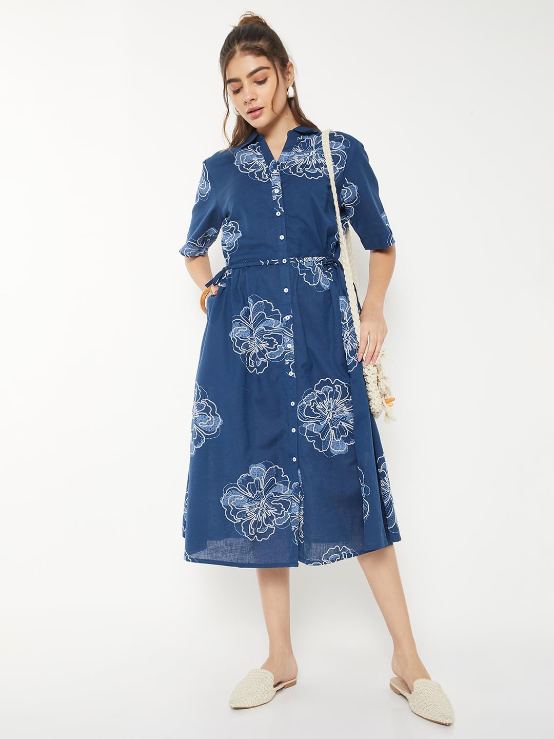 Max Women Embroidered Shirt Dress(Blue_XS)