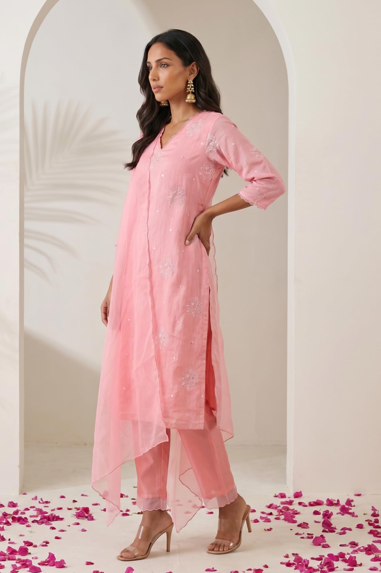 W for Woman Pink Thread Embroidered Chanderi Straight Kurta with Pants and Dupatta Set - (WS13881-401118-XL)