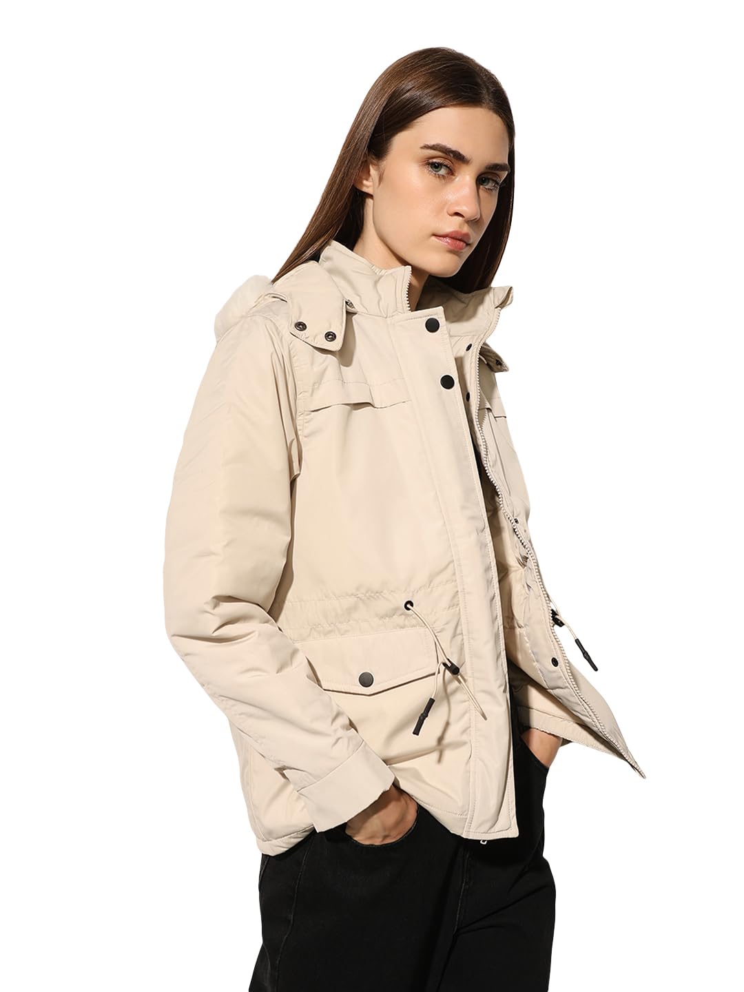 ONLY Women's Solid Regular Fit Cream Jacket