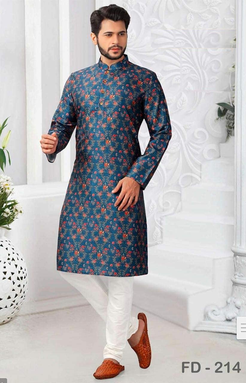 Logass Men's Silk Blend Printed Kurta Pyjama Set (Dp-Le 007-L_Large) Blue