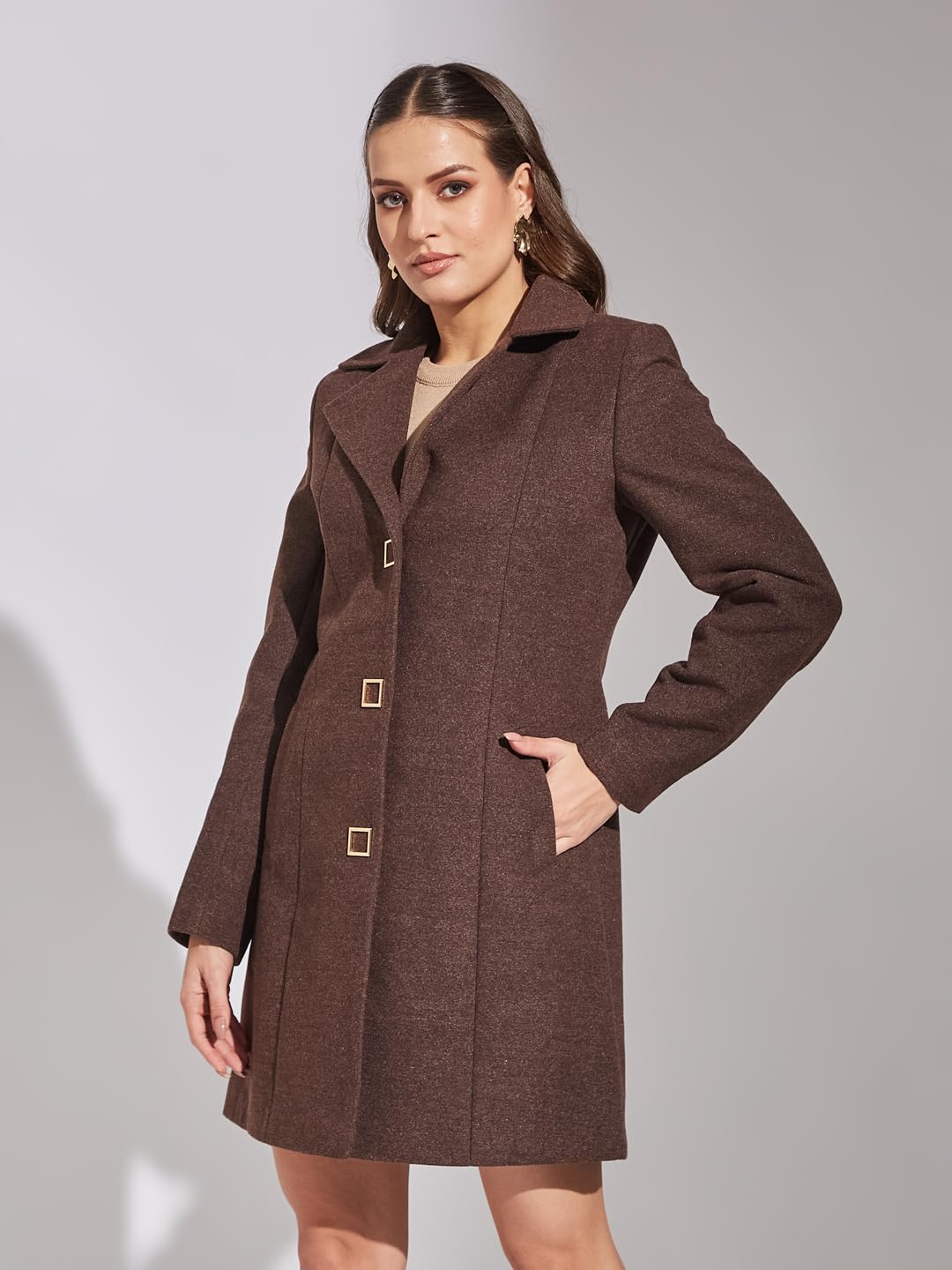 Latin Quarters Women's Brown A-Line Lapel Collared Casual Solid Coat