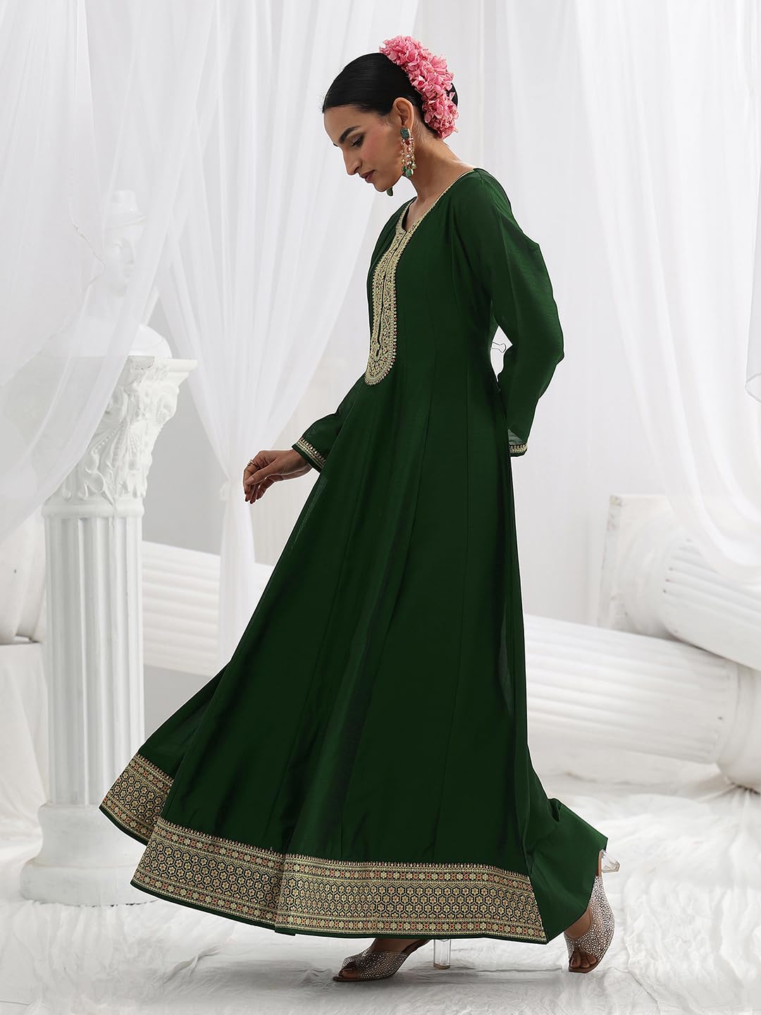Libas Embroidered Silk Blend A-Line Ethnic Dress with Dupatta-93634XXL