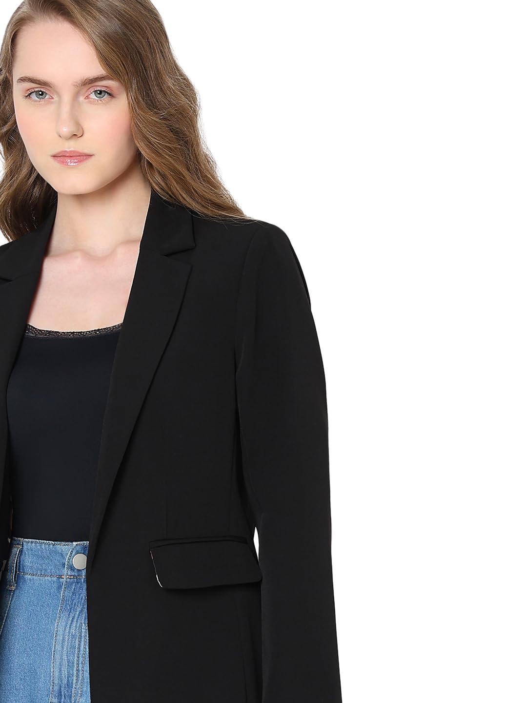 VERO MODA Women Solid Black Polyester Regular Fit Single Breasted Blazer