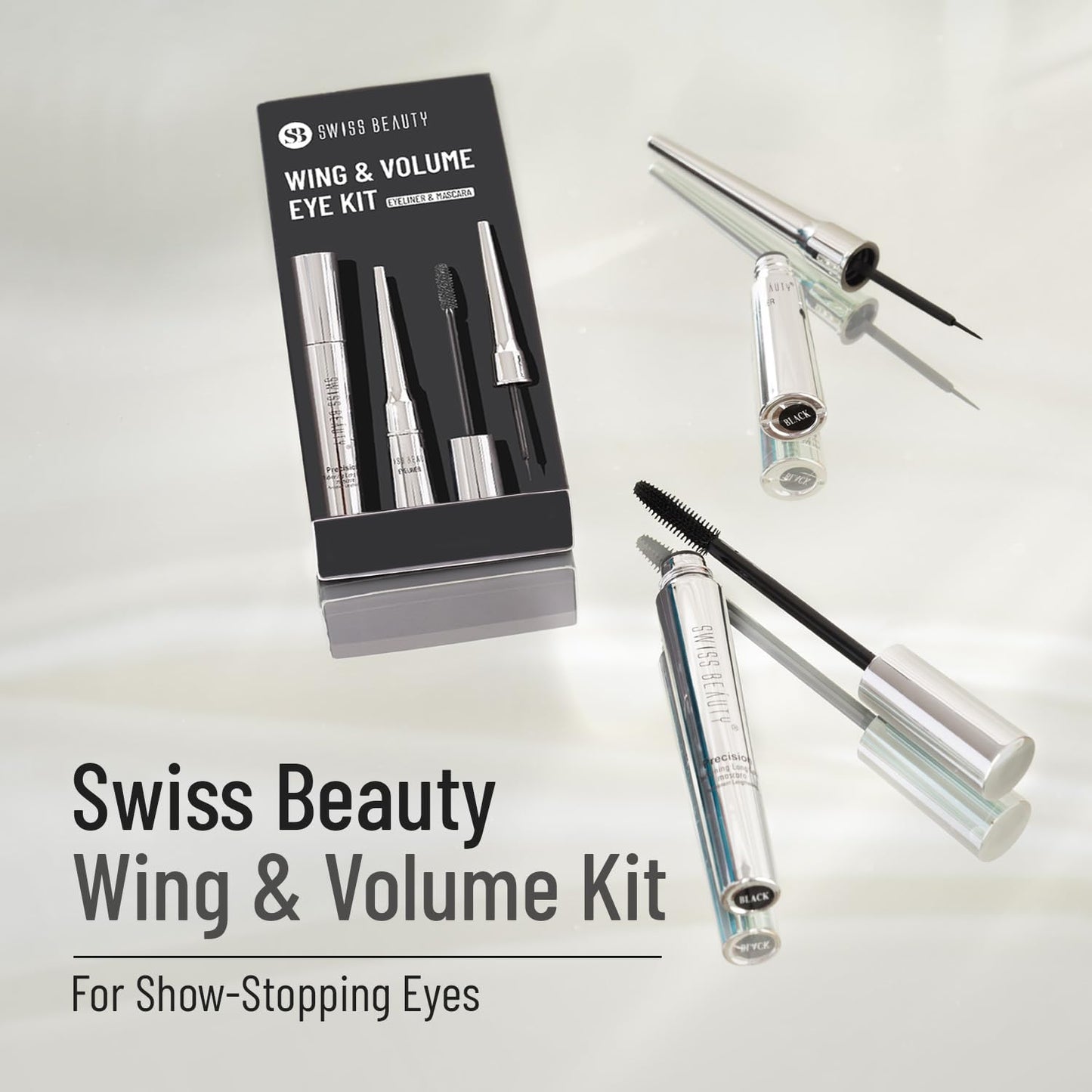 SWISS BEAUTY Liquid Metallic Wing & Volume Kit | Mascara + Eyeliner | Water-Resistant | Quick-Drying | Long-Lasting | 12.5g