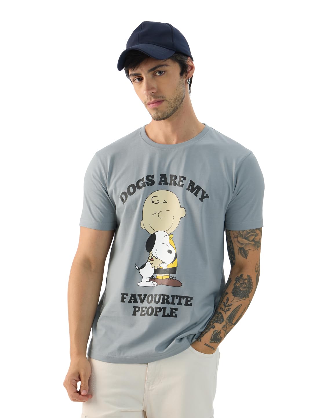 The Souled Store Official Peanuts: Favorite Dog Men and Boys Short Sleeve Round Neck Blue Graphic Printed Regular Fit Cotton T-Shirts