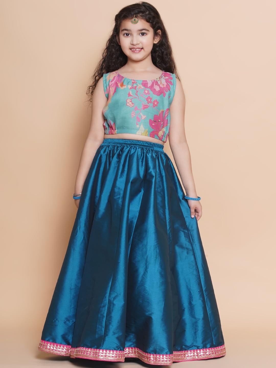 Bitiya by Bhama Girls Blue Floral Printededed Ready to Wear Lehenga & Blouse with Shrug