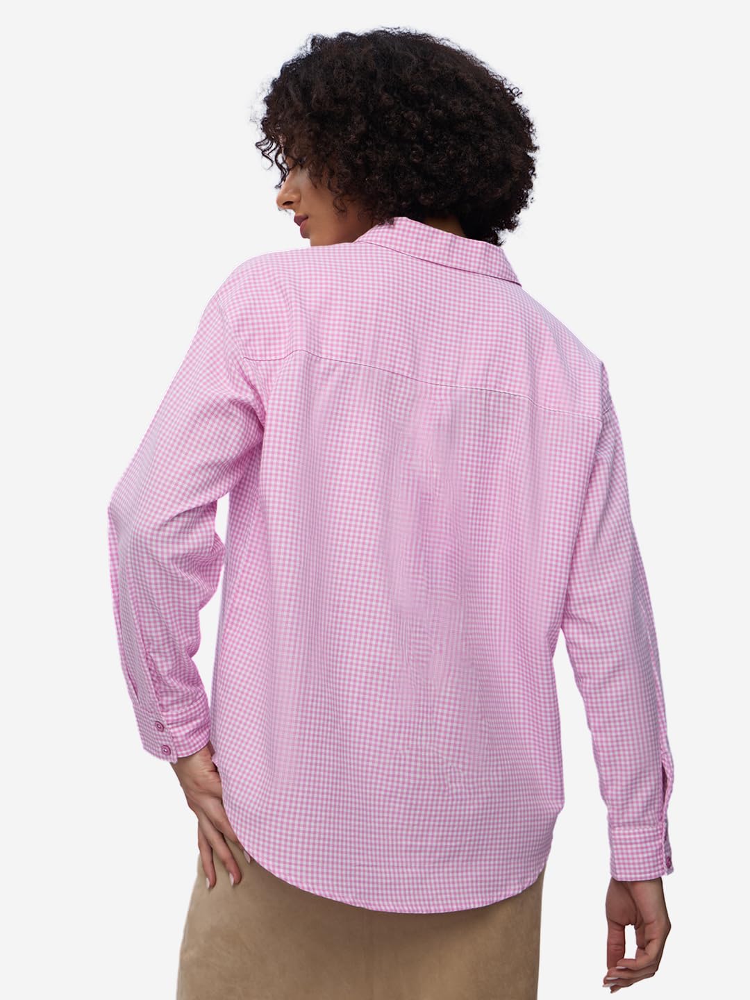 The Souled Store Hello Kitty: Very Plaid Women and Girls Long Sleeves Collared Neck Button Front Cotton Boyfriend Shirts Pink