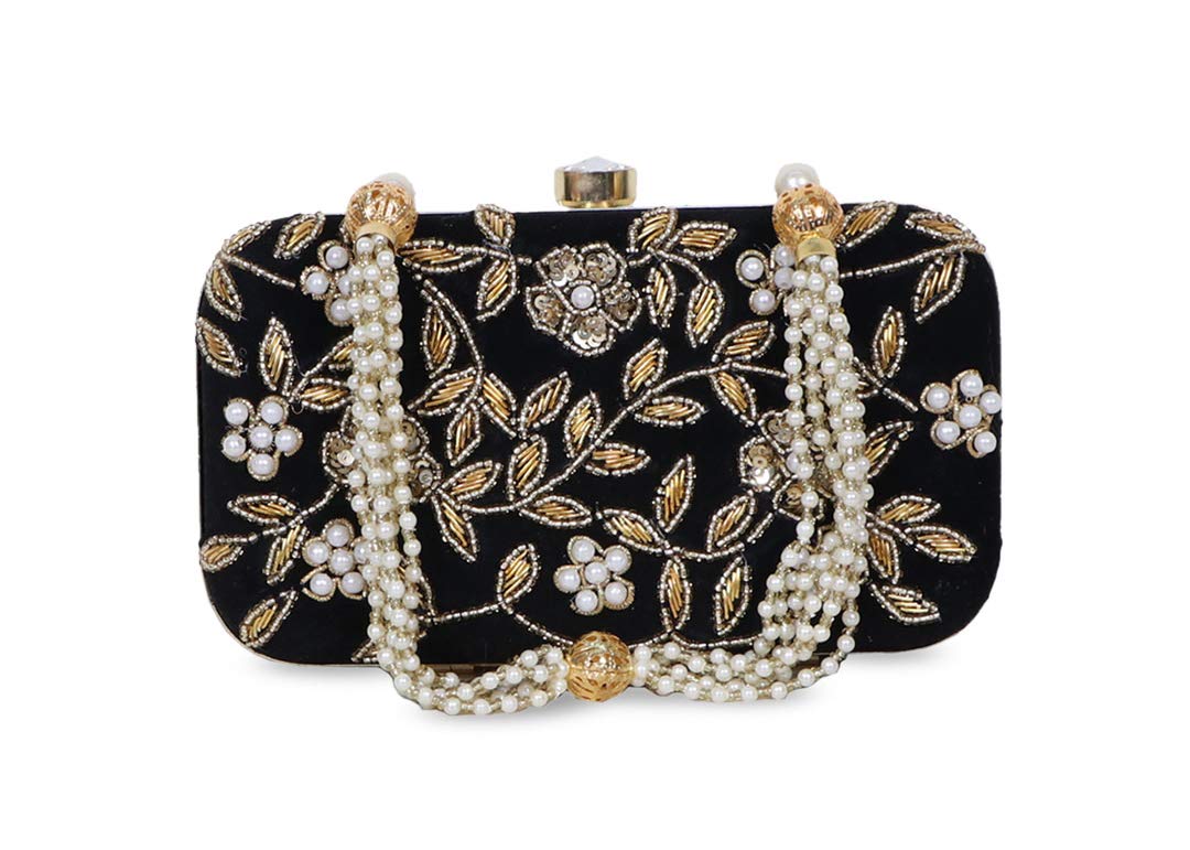 DUCHESS Women's Velvet Zari Zirkon Box Clutch Purse (Black)