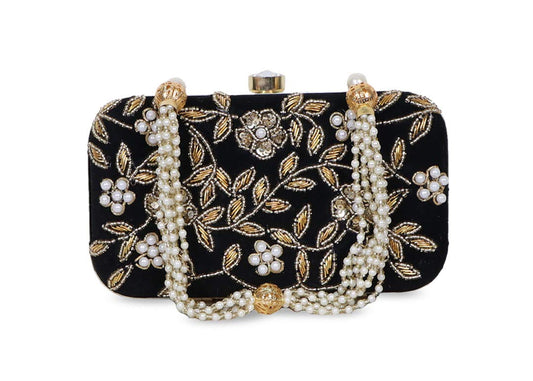 DUCHESS Women's Velvet Zari Zirkon Box Clutch Purse (Black)