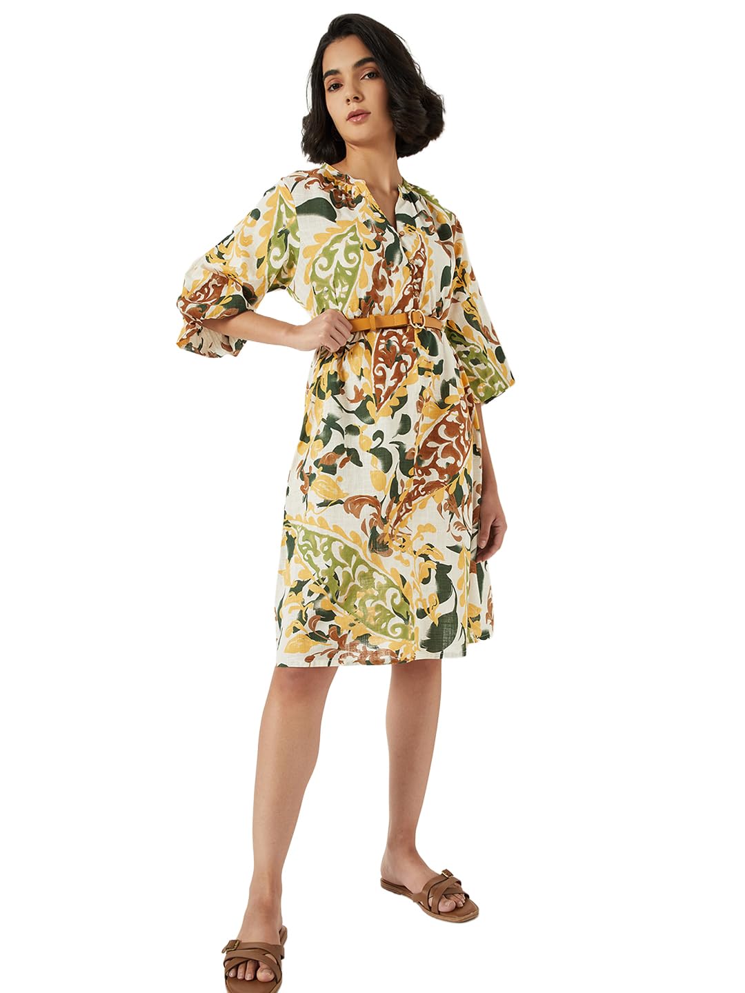Max Women Printed A-line Dress with Belt(Multicolour_L)