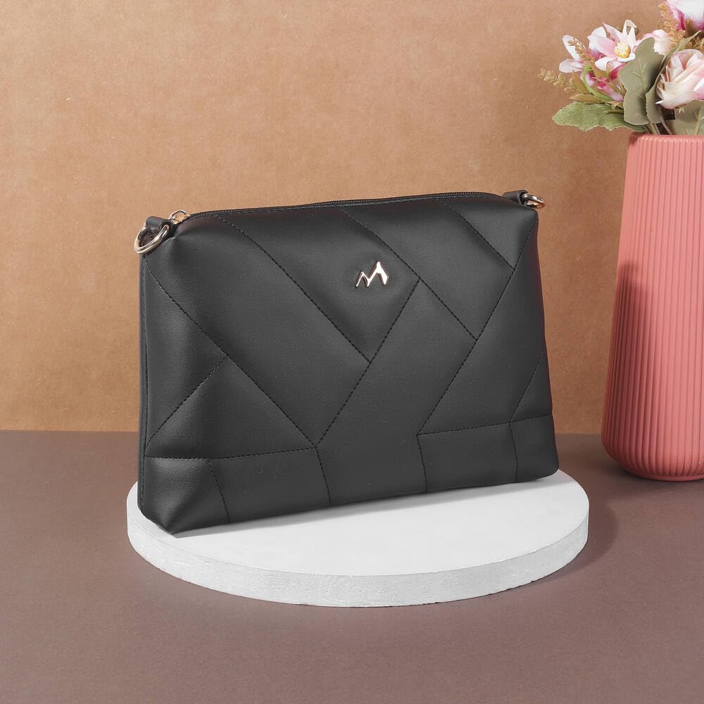 Mochi Women Black Faux Leather Quilted Sling Bag with Zipper Closure (66-8390)