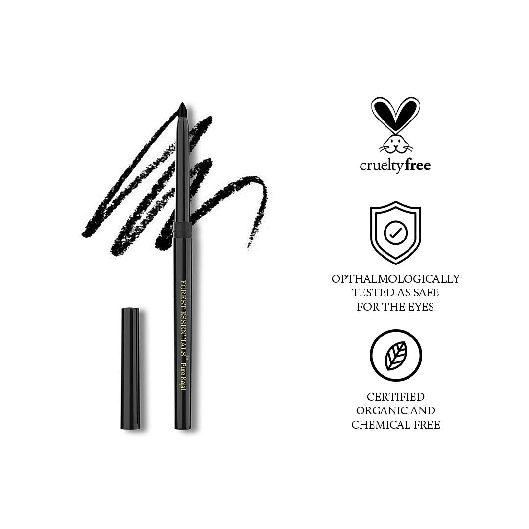 Forest Essentials Gulaab Khaas Pencil Kajal Charcoal Black | Made with Cow Ghee & Rose Petals | Natural Highly Pigmented Kajal | Helps in Cooling & Soothing the Eyes