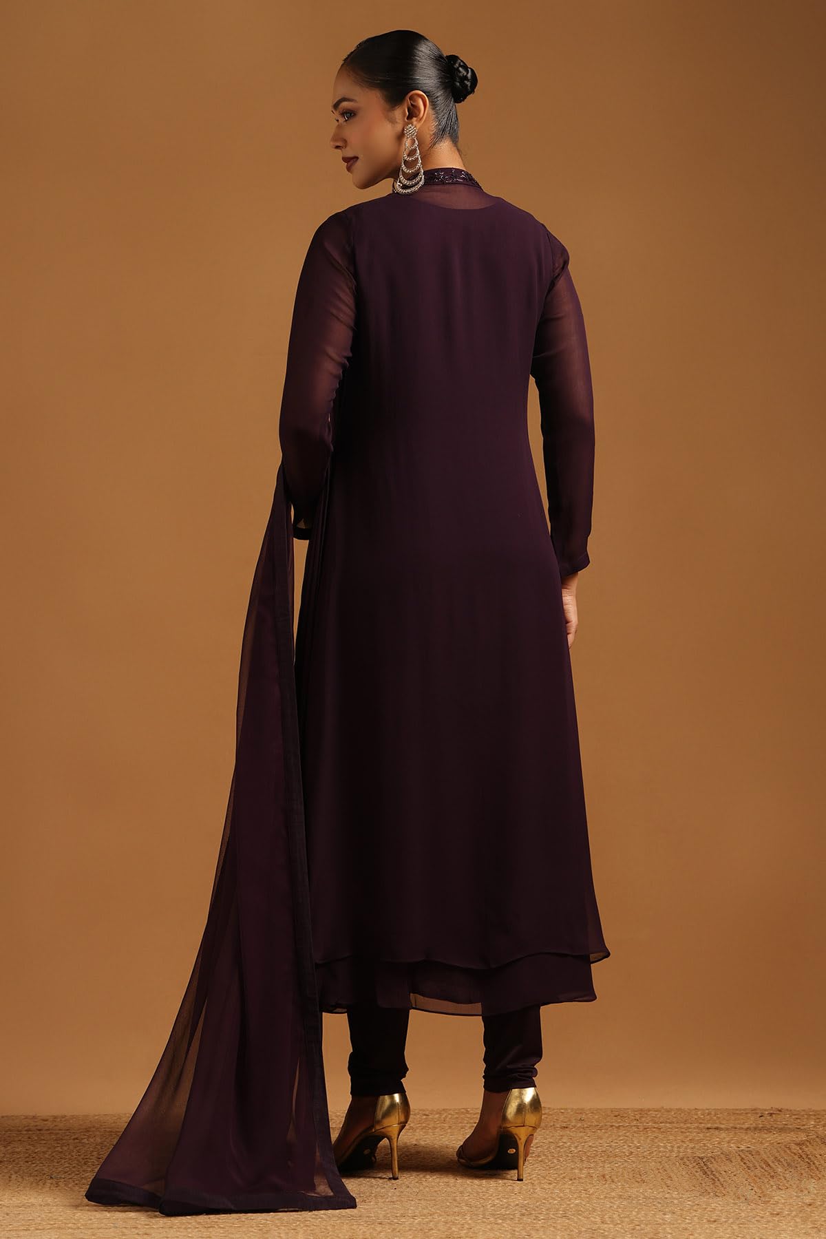 Soch Womens Wine Georgette Solid Salwar Suit With Beads And Stones
