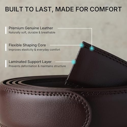 HAYES LONDON Genuine Leather Belt for Men with Auto Lock Ratchet Buckle | No Hole Micro Adjustable Slide Lock Belt | Premium Casual & Office Wear Men’s Belt, (Onesize) Vanguard_Brown_Gold