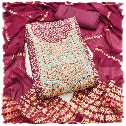 Leeli Peeri Designer Women's Chanderi Floral Printed Embroidery Work Unstitched Salwar Suit Dress Material