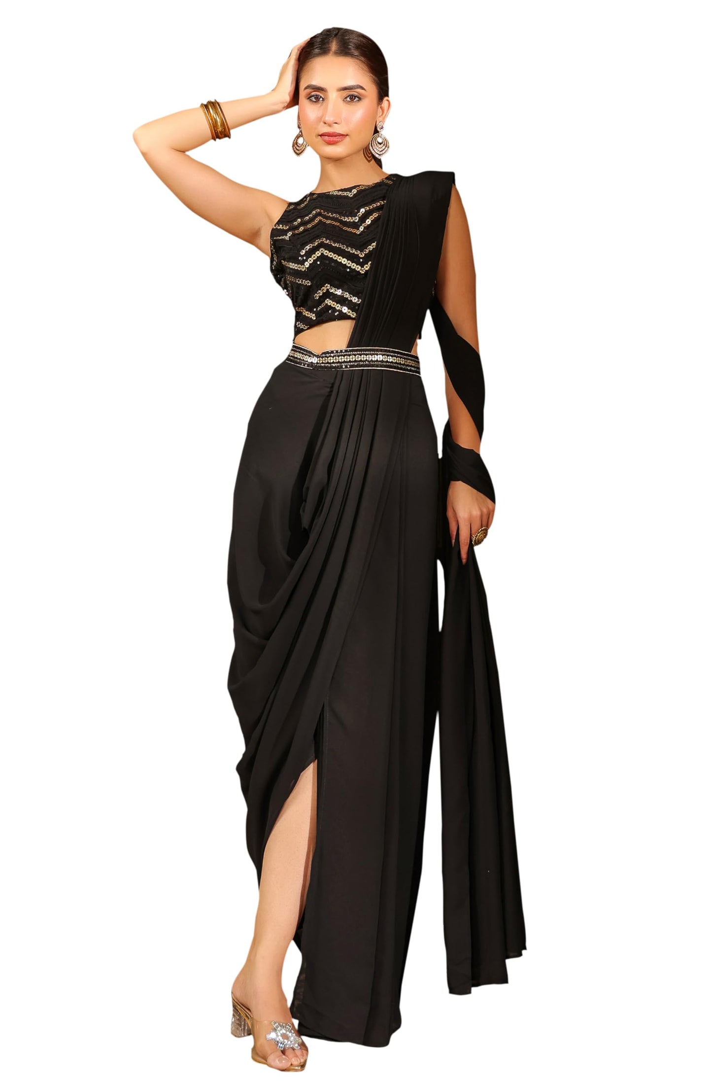 Janasya Women's Georgette Ready to Wear Saree (JAB24SR00689_Black)