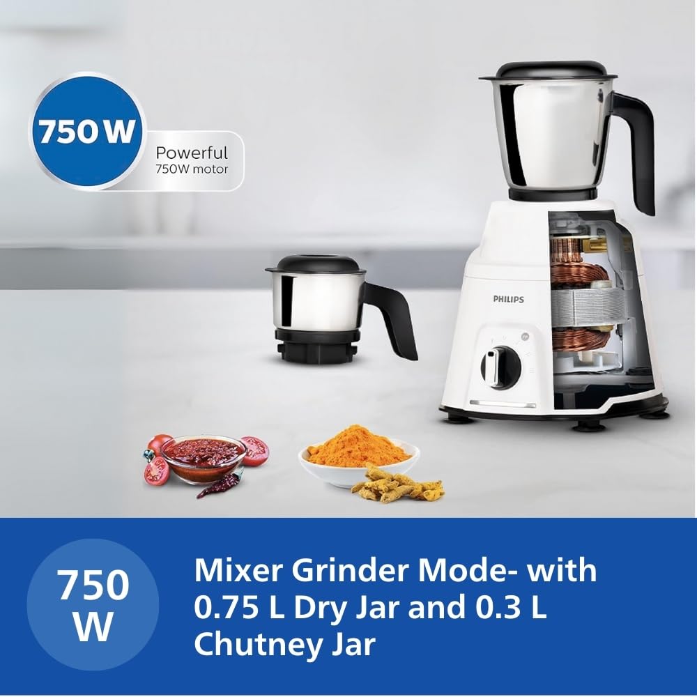 PHILIPS Mixer Grinder 750 Watt, 3 in 1 (Mixer Grinder + Juicer + Food Processor) 4 Jar (HL7763/00)