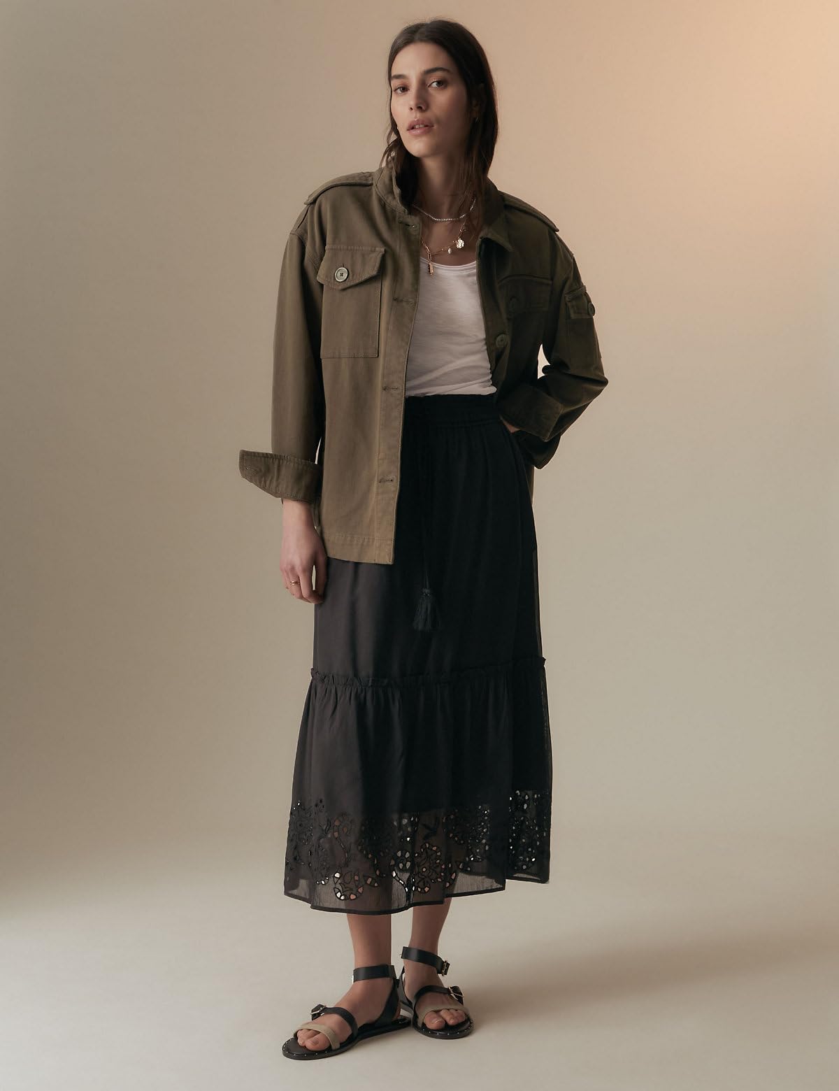 Marks & Spencer Cotton Rich Broderie Midaxi Tiered Skirt Black