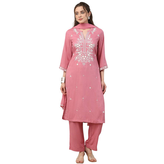 Biba Women Pink Viscose Rayon Straight Suit Set_34