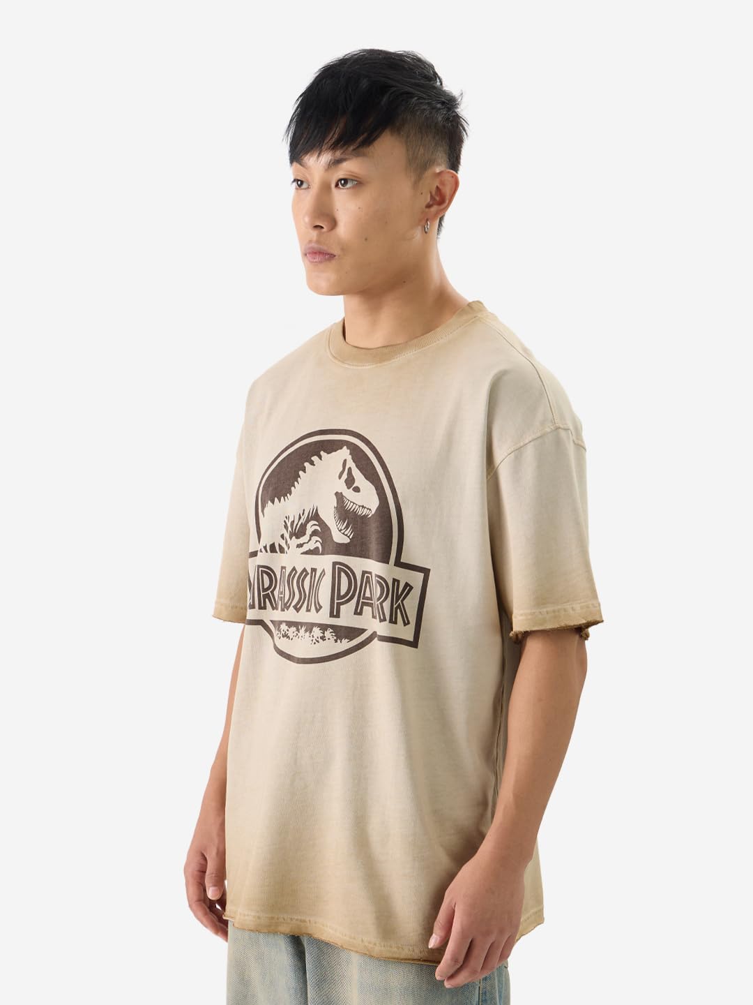 The Souled Store Official Jurassic Park: Logo Men and Boys Short Sleeves Round Neck Beige Graphic Printed Cotton Oversized T-Shirts