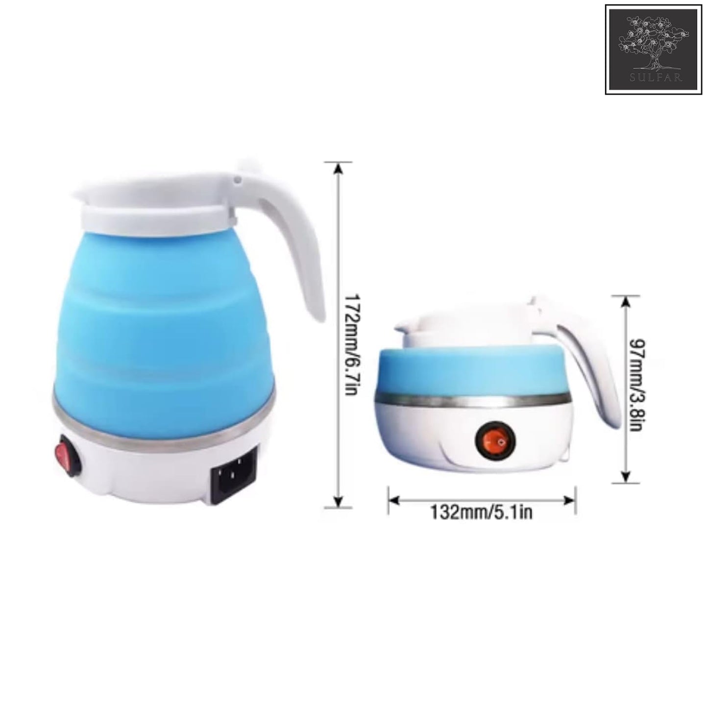 Sulfar Travel Foldable Fast Boiling Portable Electric Kettle - Silicone Food Grade Boil Dry Protection 220V -600ML for Most Travel and Home & Office Use (Blue/White/Pink)