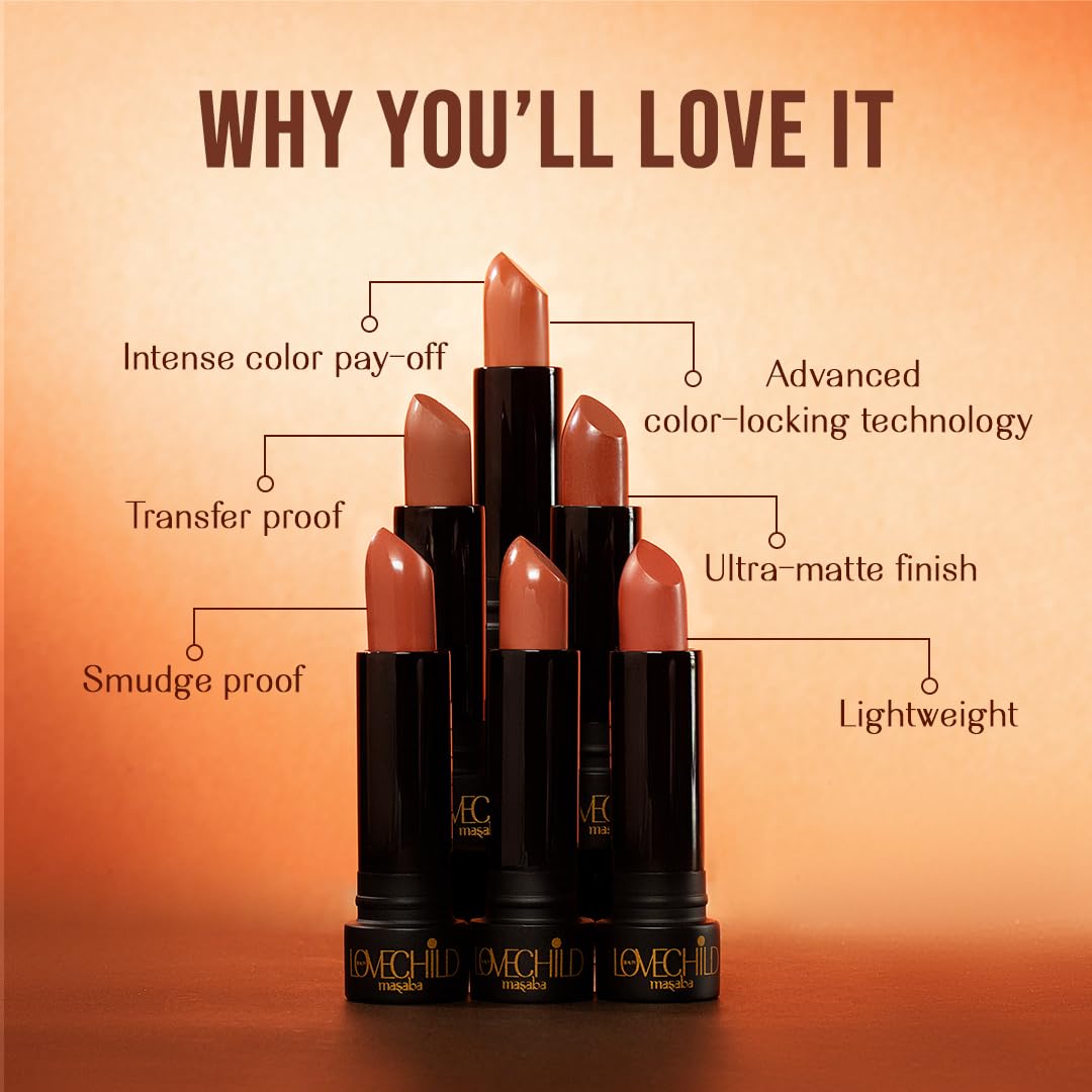 LoveChild Masaba Ultra Matte Reddish Brown Lipstick, Long Lasting Upto 6Hrs, Transfer-Proof, Hydrating & Nourishing Nude Bullet Lipsticks For Women, Sepia Spice, 4.5g