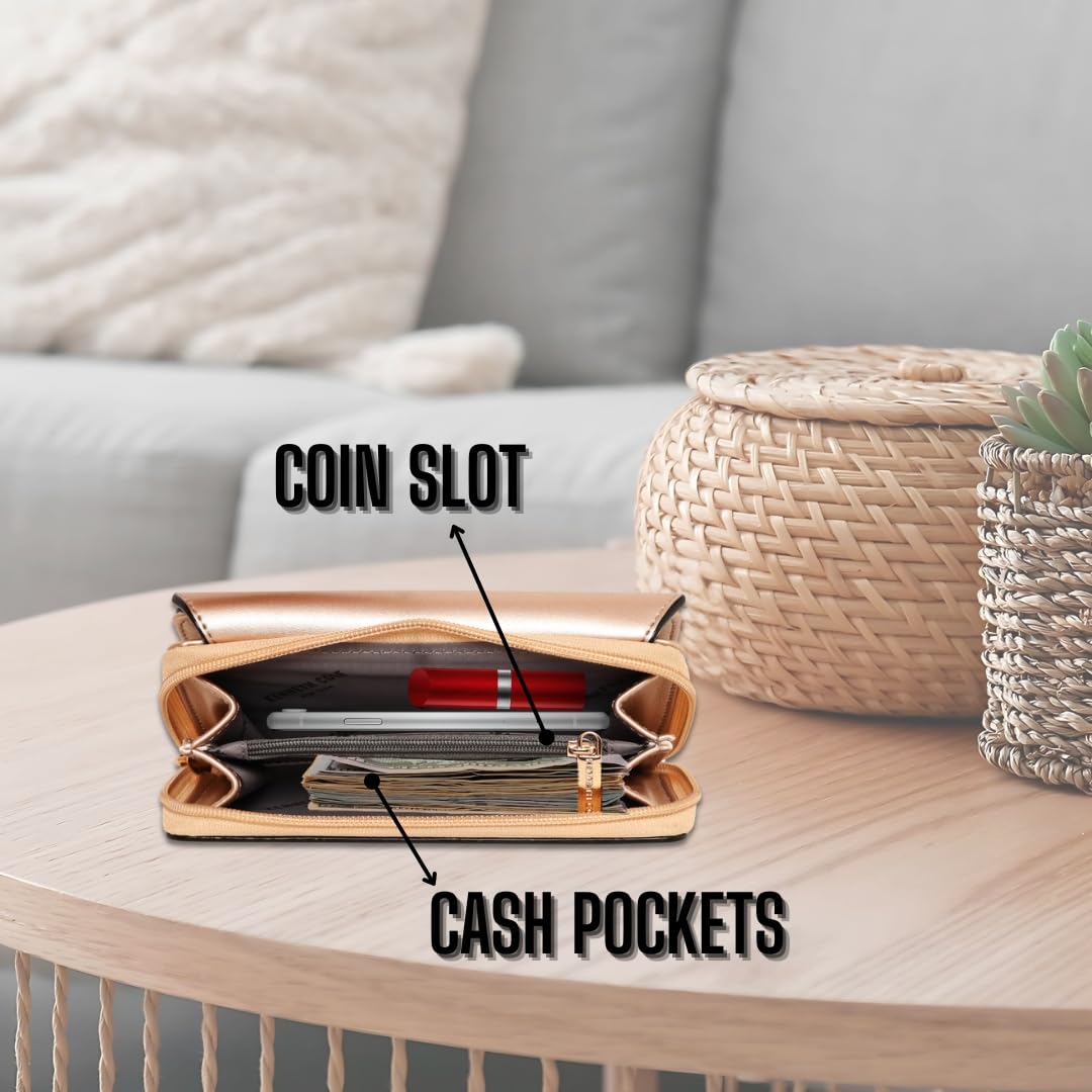 KENNETH COLE Ladies Front Flap Wallet | Women's Tri-fold Clutch Organizer with a Wide 3-Quarter Opening Zip-Around Compartment | Premium PU Leather | Sturdy, Stylish & Secure, GOLD