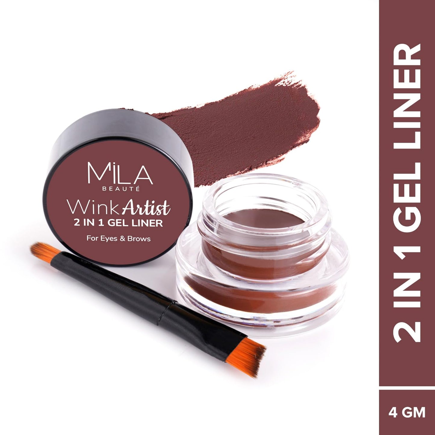 Mila Beauté 36 Hr Waterproof Wink Artist 2 in 1 Eyebrow & Gel Eyeliner with Brush | Long Lasting & Smudgeproof Formula | Calendula Oil and Aloe Vera | Shade - (Brown, 4g)